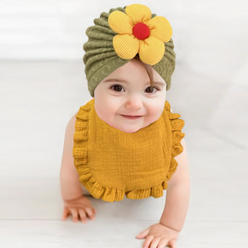 Newborn Baby Hat & Bib Set - Muslin Drool Bibs With Frilly Trim Soft Organic Cotton Bonnet Bandana Drooling Accessories For Infants