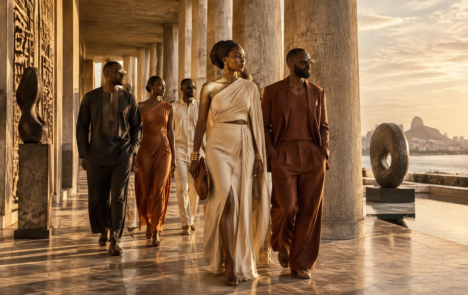 Contemporary Black African men and women walking through a modern colonnade in elevated cream, rust and charcoal fashion