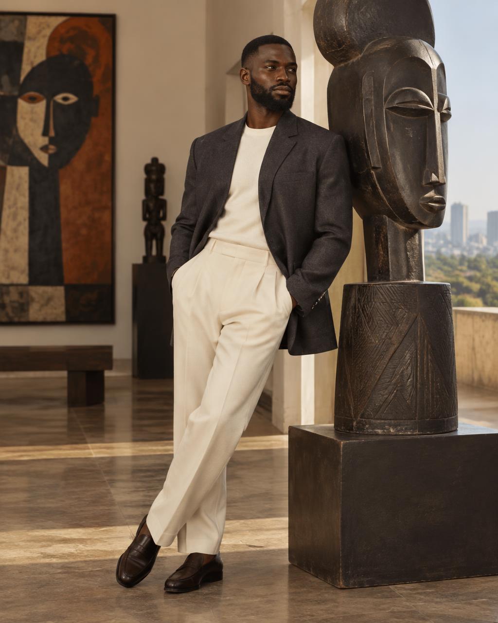 Black African man in modern tailoring beside contemporary African sculpture