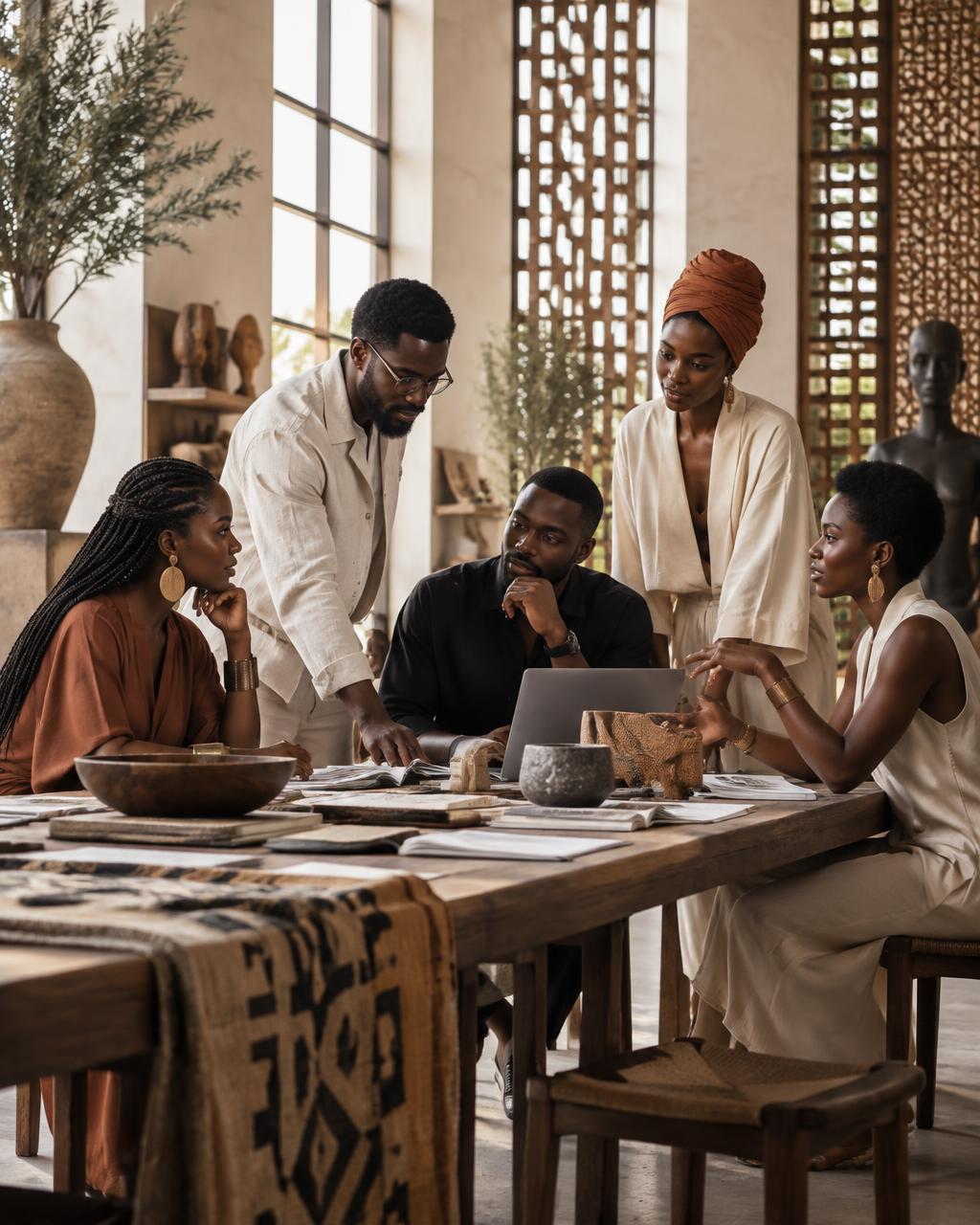 Black African creatives collaborating in a light-filled contemporary studio