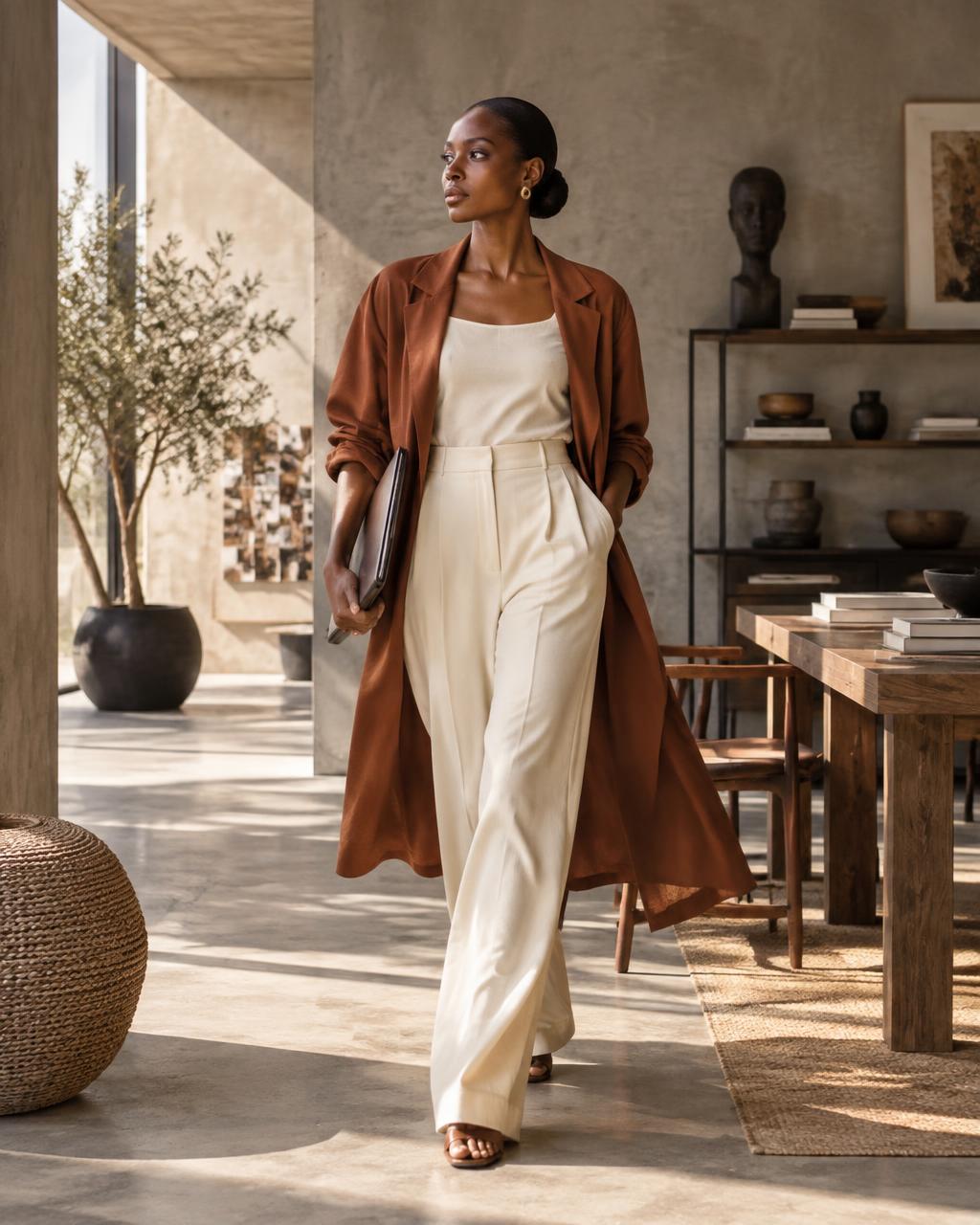 Black African woman in a contemporary design studio wearing cream and rust tailoring